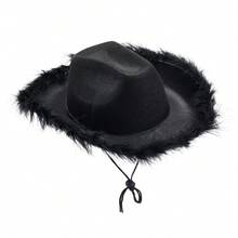 Womens Cowboy Hat, Adult Solid Color Furry Trim Wide Brim Hat Female Cap For Dating Party - Black - View 4
