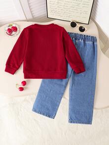 女童情人节华夫格纯色樱桃装饰长袖圆领上衣 + 休闲刺绣牛仔裤