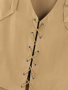 INCERUN Men Button V-Neck Sleeveless Lace Up Slim Blouse Summer Holiday Party Casual Tank Tops Plain Shirt - 卡其色 - 查看 6