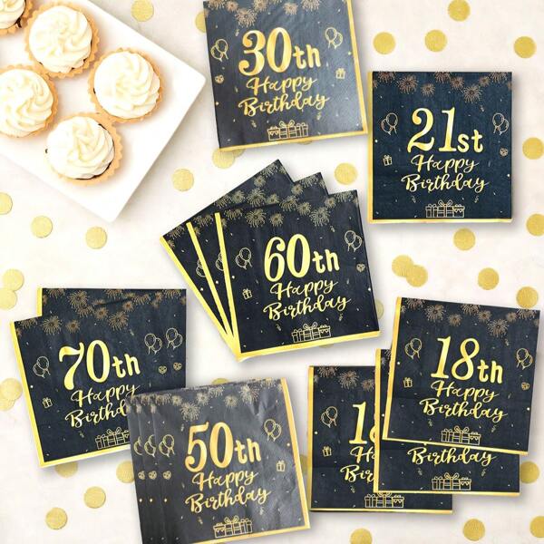 20pcs Black And Gold Napkins, Suitable For 18/21/30/50/60/70 Birthday - Double-Ply Disposable Paper Napkins, Suitable For Festivals, Birthdays, Anniversaries, Tabletop Decor And Home Decor For Men And Women