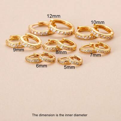 1 对 5 毫米 - 12 毫米优质锆石耳钉，铜镶嵌锆石，简约日常百搭环状耳环套装，男女通用时尚圆形软骨耳环