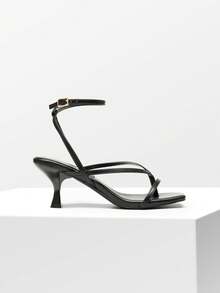 Women's Minimalist Low Kitten Heel Ankle Strap Thong Sandals, Sexy Square Toe Sandals With Fashionable Heel - Black - View 6