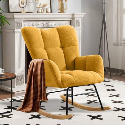 Nursery Rocking Chair Teddy Upholstered Glider Rocker,Rocking Accent Chair Padded Seat With High Backrest ,Solid Wood Legs For Nursery Bedroom Living Room