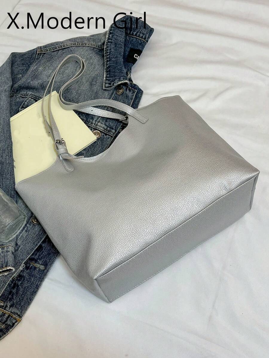 时尚单肩包，褶皱纯色清新手提包，腋下设计，春秋新品 - 銀色 - 查看 1
