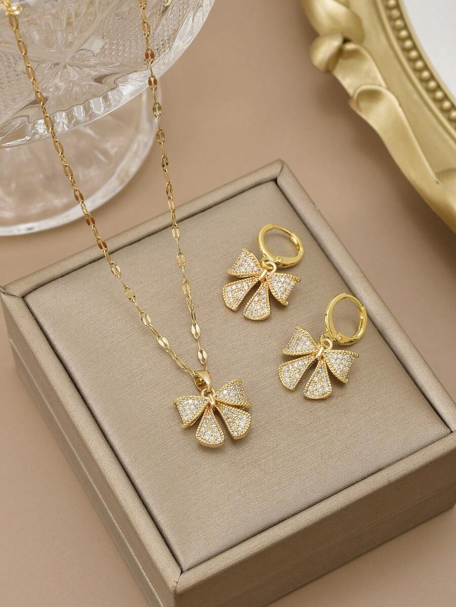 1 件时尚全水钻方晶锆石蝴蝶不锈钢女士项链，1 对时尚全水钻方晶锆石蝴蝶不锈钢女士耳环 - 金黃色 - 查看 1