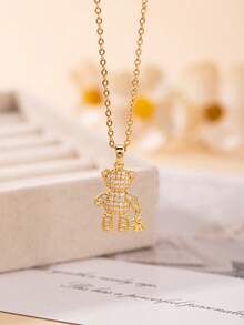 1pc Fashion Minimalist Zirconia Bear Pendant Necklace For Women, Suitable For Everyday And Various Occasions, Can Be A Great Gift For Family And Friends - Multicolor - View 3