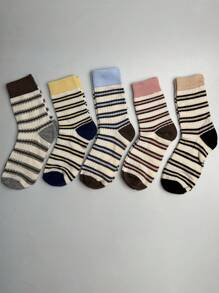 5 pares de calcetines medianos a la pantorrilla con bloques de color y rayas aleatorios, estilo coreano de calcetines largos tipo tubo para mujer, primavera