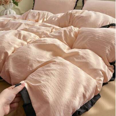 三件套纯色荷叶边柔软亲肤床上用品套装（1个被套+2个枕套），可机洗，适用于卧室和客房，四季皆宜