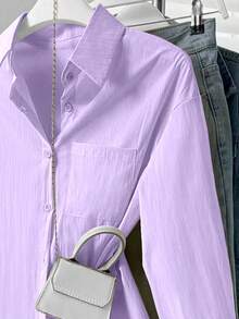 Solid Color Button Front Pocket - Elegant Basic Solid Color Shirt, Fashionable Lapel Long Sleeve Shirt, Casual Shirt For Spring And Autumn, Women's Autumn Clothing - Purple - View 4