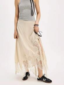 Womens Mesh Sheer Lace Trim Floral Print Long Skirt Solid Color Low Waist Maxi Skirt Fashion Side Split Flowy Skirt Asymmetrical A-Line Skirt For Summer Party - trắng - Xem 1