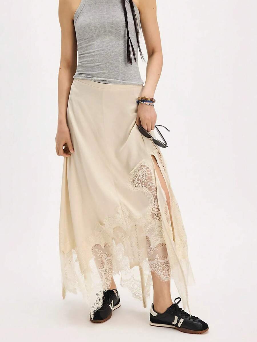 Womens Mesh Sheer Lace Trim Floral Print Long Skirt Solid Color Low Waist Maxi Skirt Fashion Side Split Flowy Skirt Asymmetrical A-Line Skirt For Summer Party - trắng - Xem 1