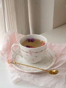 1pc Ins Style Afternoon Tea Cup Set, Korean Girly Pink Floral Bow Retro Ceramic Coffee Cup - White - View 4