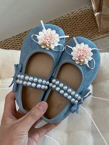 1 Pair New Summer Rhinestone Butterfly Pearl Floral Decor Suede Leather Lightweight Shallow Buckle Sweet Princess Style Little Leather Shoes, Suitable For Parties And Daily Outings - Blue - View 5