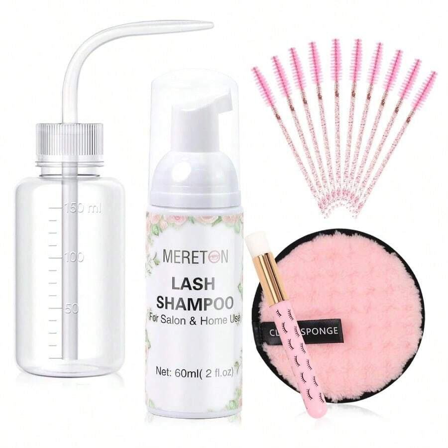 MLash Shampoo Kit For Lash Extensions Eyelash Extension Cleanser Lash Cleaner Lash Cleaning Kit For Cluster Lashes Lash Bath With Makeup Pad+ Brush+Rinse Bottle Oil Free Foam8001 - #5-IN-1 - View 1