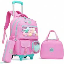3pcs Girls Rolling Backpack Set, Including Backpack, Lunch Box And Pencil Case, Suitable For Travel And Back To School