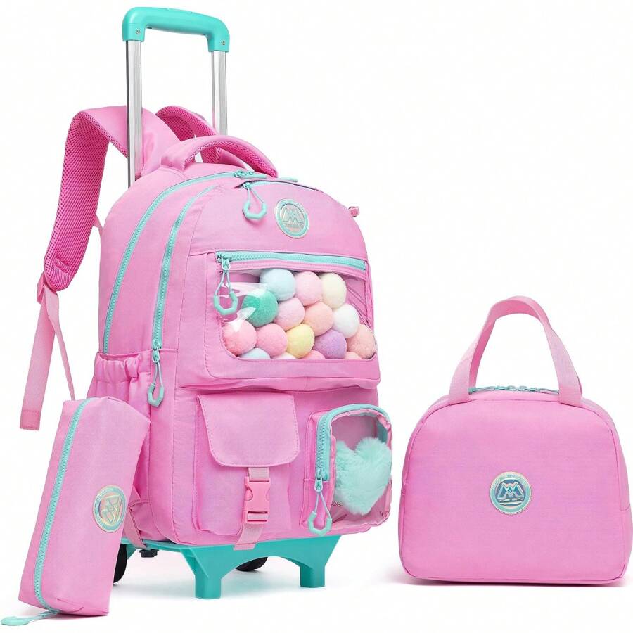 3pcs Girls Rolling Backpack Set, Including Backpack, Lunch Box And Pencil Case, Suitable For Travel And Back To School