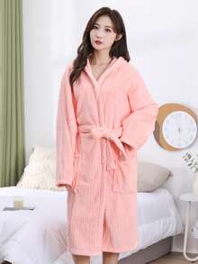 1pc Coral Fleece 3D Striped Hooded Bathrobe, Loungewear, Spa, Sauna, Swimming, Gift - Pink - View 12
