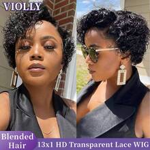 VIOLLY 女士短款精灵短卷发波浪假发 - 13x1 蕾丝前部真人发丝 150% 密度自然黑色百搭款式适合所有种族蓬松短假发女士时尚假发 - 自然色&黑色系 - 查看 2