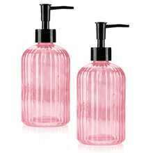 "2-Pack 13oz Glass Soap Dispensers With Black Plastic Pumps - Refillable Hand Soap & Lotion Bottles, Crystal Clear Liquid Dispensers For Bathroom, Kitchen Countertop, Hotel & Modern Home Decor" - 粉色 - 查看 3
