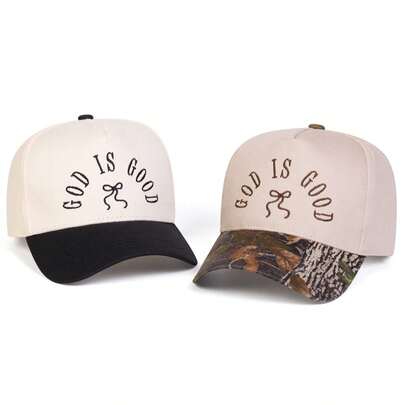 Rovax 1pc Women's "God Is Good" Truck Driver Cap, Personalized Letter & Bow Embroidery Baseball Cap, Street Fashion 5-Panel Hat, Outdoor Sun Protection, Casual For Spring/Autumn Travel, Beach