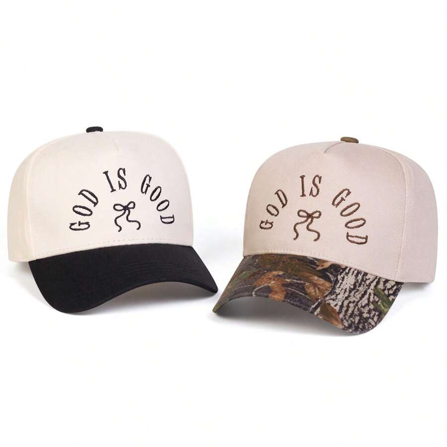1 pieza Gorra de camionero para mujer con bordado de letra personalizada y lazo, "Dios es bueno", gorra de béisbol de moda callejera de 5 paneles, protección solar para exteriores, casual para primavera/otoño, viajes, playa, verano - Multicolor - Ver 1