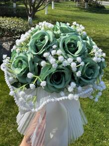 1朵新娘婚禮花束，象牙白新娘花束，人造花婚禮花束，帶絲帶伴娘花束，情人節，裝飾珍珠蕾絲網玫瑰花束