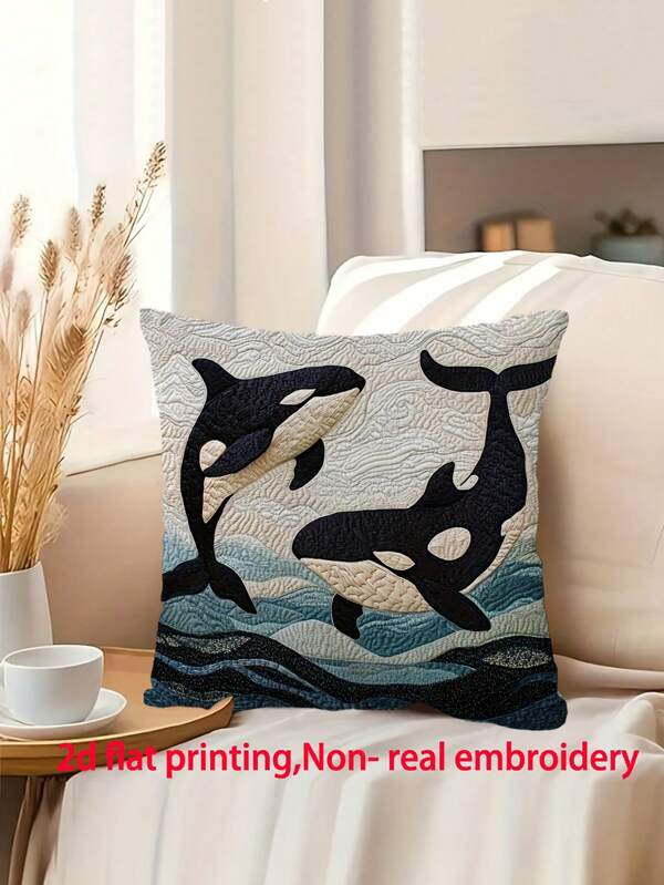 1 peça, Fronha em Pelúcia Curta de Estilo Oceânico 2D 45,72X45,72 Cm com Orca da Califórnia, Adequada para Decoração de Sofá e Quarto Sem Bordado - Sem Bordado