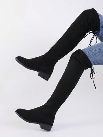 Women's Black Lace-Up Over-The-Knee Boots, Thick Sole, Fashion Sexy Round Toe, Chunky Heel, Elastic Shaft, Autumn/Winter
