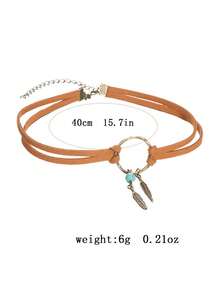 1 件复古欧式美式青铜树叶吊坠几何圆形皮革颈链