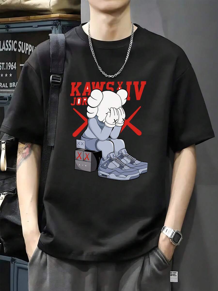 200g Cotton T-Shirt 2025 Men's New Short-Sleeved Cotton Vacation Pattern Short-Sleeved Crew Neck Matching Look