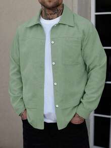 Men's Casual Solid Color Button-Up Long Sleeve Shacket, Autumn/Winter