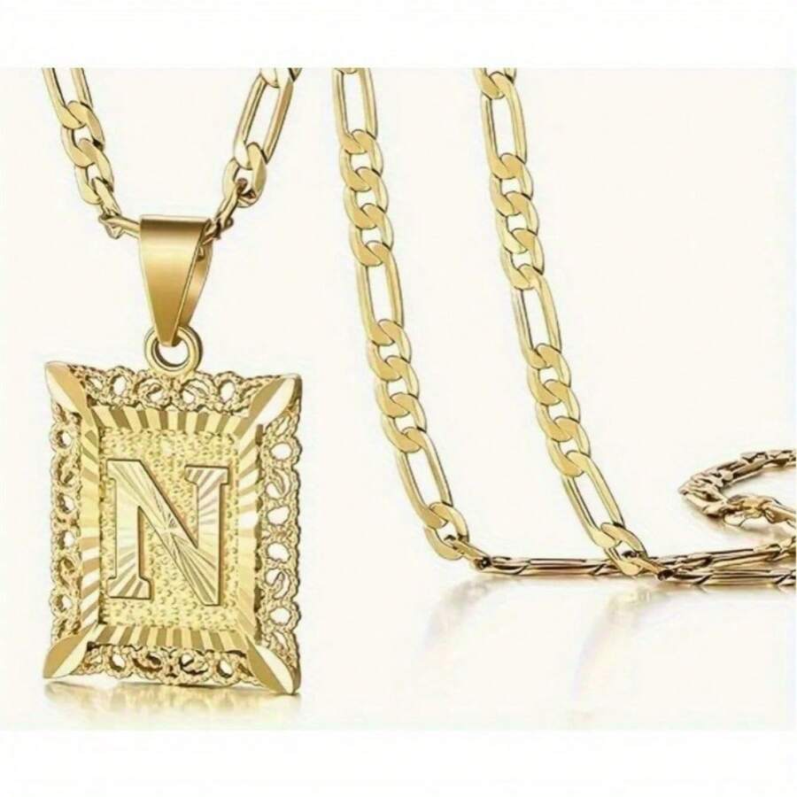 Golden Initial Pendant Necklace For Men And Women, Square Letter Necklace, Letters From A To Z, Figaro Chain Necklace - N - Xem 1