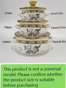 3件套搪瓷涂层炊具套装，包括12厘米、14厘米、16厘米双耳奶锅、搪瓷碗、迷你锅、加厚搪瓷汤锅，适用于电磁炉和燃气灶少量烹饪和食物储存。