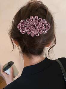 1pc Elegant Rhinestone Flower Spring Hair Clip (Rhinestone Color & Position Random), Flower Hair Accessories, Rave Accessories - Multicolor - View 1