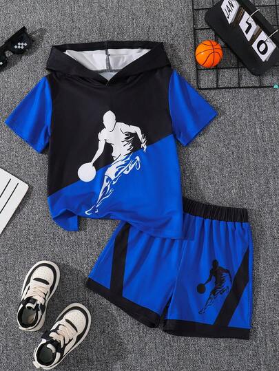 2件套男童时尚酷炫简约休闲套装，柔软舒适，户外篮球运动员印花连帽短袖T恤和短裤套装，夏季