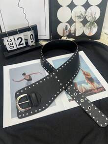 1 Stück Y2K Stil Punk Nieten Dekor Taillengürtel, asymmetrischer Taillengürtel, modisches Accessoire für Herbst, Herbst, Halloween - Schwarze silberne Schnalle - Übersicht 6