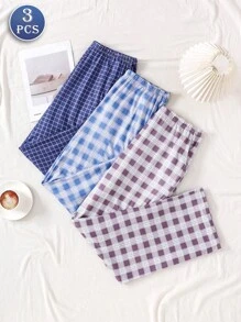 3-częściowe męskie spodnie do spania w kratę z kieszeniami, stylowy wzór w kratkę i praktyczne kieszenie, ubrania na jesień