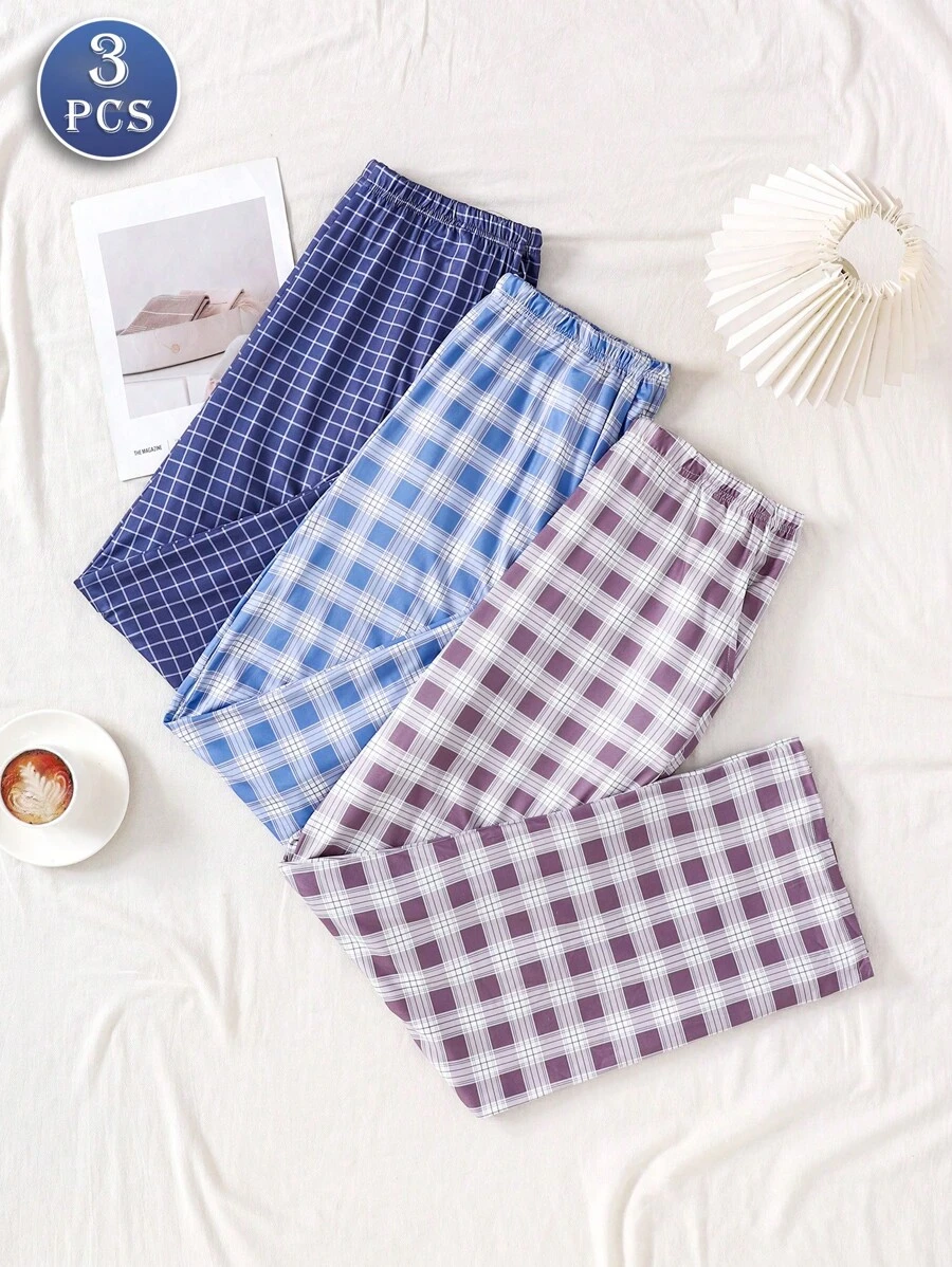 3-częściowe męskie spodnie do spania w kratę z kieszeniami, stylowy wzór w kratkę i praktyczne kieszenie, ubrania na jesień