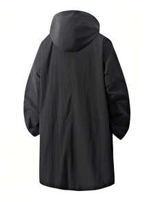 男士加大码长袖黑色轻薄中长款休闲风衣，适合秋季穿着 - 黑色 - 查看 2