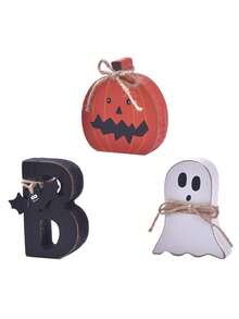 3pcs BOO Halloween Wooden Decorative Ghost Figurine, Cute Ghost Pumpkin Figurine, Available In Large, Medium And Small Sizes. Suitable For Halloween, Table Decor, Tray Decor, Room And Bedroom Decor, Festival Gifts, And Party Gifts