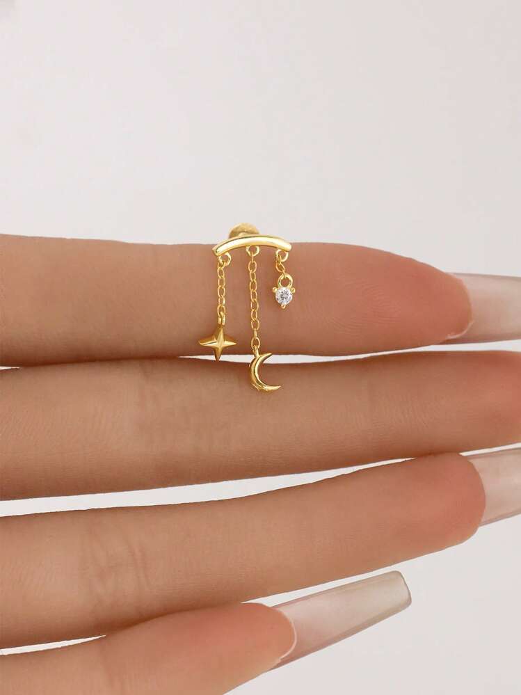 IN Z 1Pc Romantic Moon&Star&Zirconia With Tassels Threaded Labret | Gold 925 Sterling Silver Hypoallergenic Stud Earrings Piercing | Cartilage Helix Stud | Flat Back Labret Stud | For Women And Men Daily Wear | Suitable For Party Bridal Jewelry Fine Jewelry Valentines - 3 Tassel Star and Moon Flat Earrings - View 3