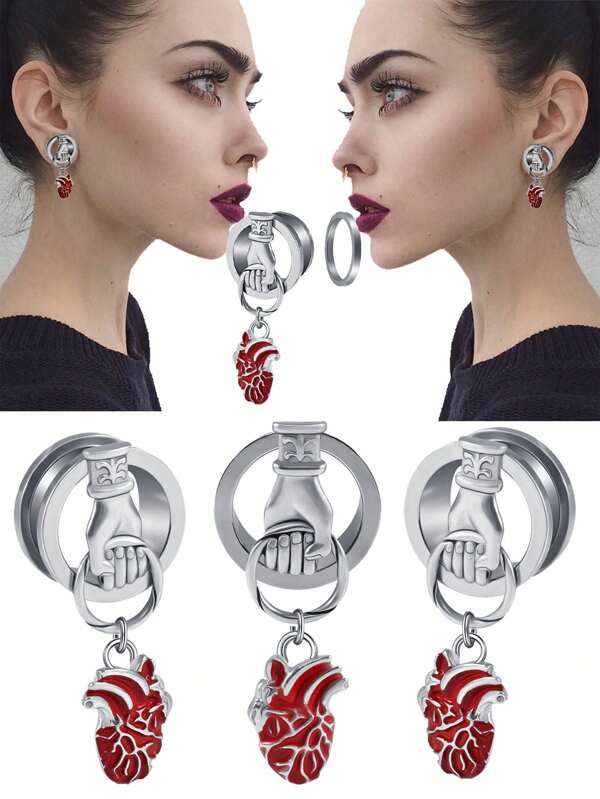 1PC Stainless Steel Hand Hanging Red Heart Screw Ear Plug Tunnels Heart Dangle Ear Gauges Ear Expander - Ear Gauges Stretcher Body Piercing