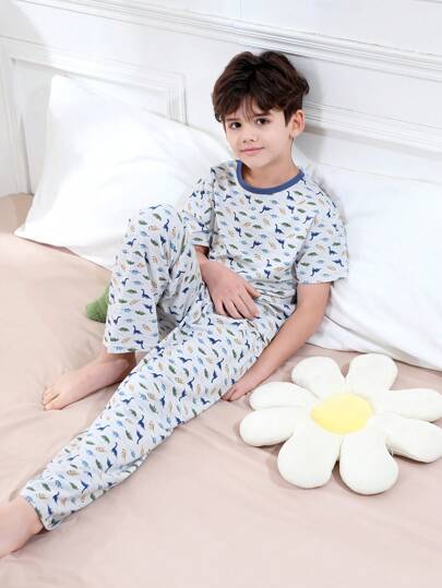 2pc Dinosaur Print Kid Pajamas Set For Boy Girl Sleepwear Summer Autumn Cotton Cartoon Leisure Short Sleeve And Pants Household Clothes 7-12 Years Old