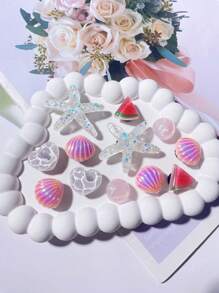 12 pièces Mignon (étoile de mer pailletée, coquillage rose, pastèque, cœur ondulé) Clips de chaussures, décorations DIY, accessoires de chaussures multifonctionnels pour sandales, pantoufles et sacs de plage des femmes - cadeaux parfaits pour les fêtes et les occasions spéciales