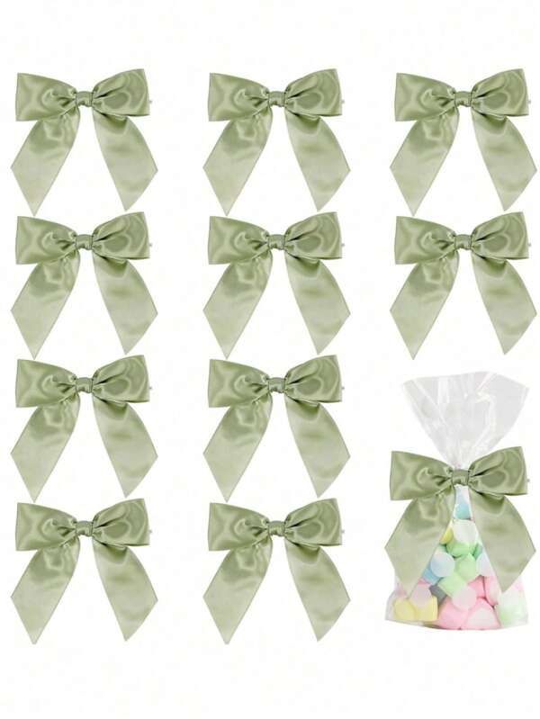12 Green 3.5 Inch Twist Bows For Gift Bags, Pink Satin Ribbon Bows For Gift Wrapping, Pre-Made Bows For Crafts, Party Favors, Weddings, Shower Decorations