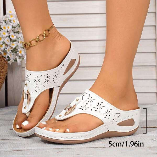 Women's Wedge Flip Flops With Floral Cutout Thick Soles, Cross-Stitching Design