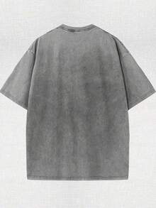 Graphic Tee  - Casual Loose-Fitting Washed Cotton 230G Pure Cotton T-Shirt For Women's Summer Wear   - Street Retro Distressed Style, Unisex Design - 灰色 - 查看 3