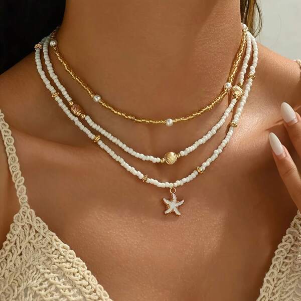 3 Peças/Conjunto Colar de Praia de Verão com Pingentes em Forma de Estrela do Mar e Concha e Contas de Semente - Colar de Jóias Elegante e Cintilante | Colar de Jóia Diária | Presente de Natal/Aniversário | Colares para Mulheres | Festa/Formatura/Colar de Tênis/Halloween/Sexta-feira Presente/Anel Inteligente/Obtenha Meu Presente Diário/Anel de nariz falso