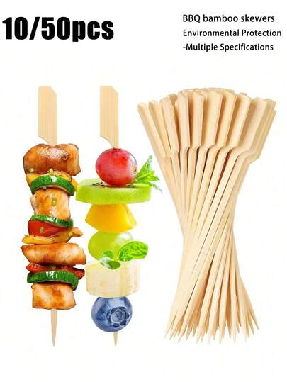 50/10个烧烤竹签，适用于烧烤、水果、关东煮、铁锅烤肉、棉花糖等，一次性烧烤工具竹签，木质烤肉串，光滑无碎片，可重复使用，适合家庭使用。开胃菜，扁平竹签。小吃、水果、海鲜、香肠。适用于餐厅、夜市、婚礼、派对、野餐、户外活动。