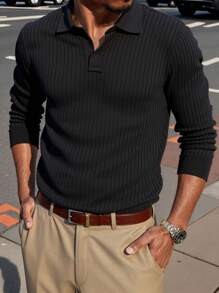 Men's Long Sleeve Ribbed Knit Polo Shirt, Minimalist & Fashionable, Suitable For Daily Commute, Spring/Autumn, Fall